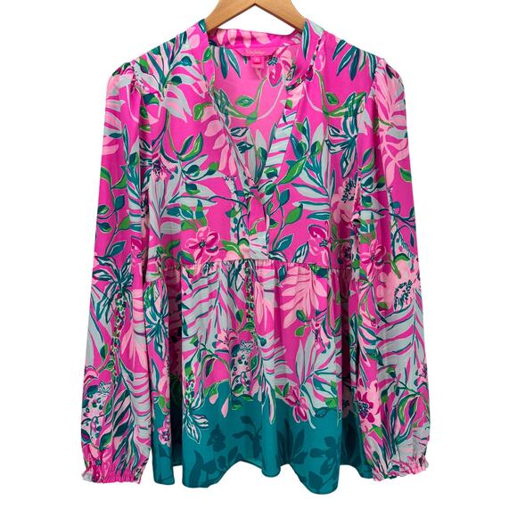 Lilly Pulitzer Blouse Womens Medium Winona Tunic V-Neck Peplum Waist Pink Blue - Picture 1 of 8